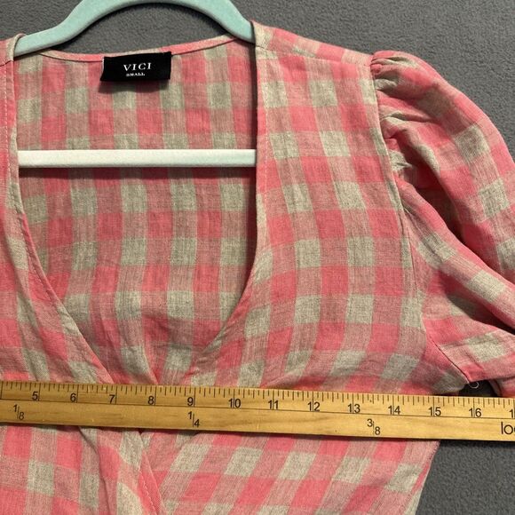 Vici 100% Linen Gingham Cropped Wrap Top Size S Pink Western Beach Cottagecore - Picture 8 of 8